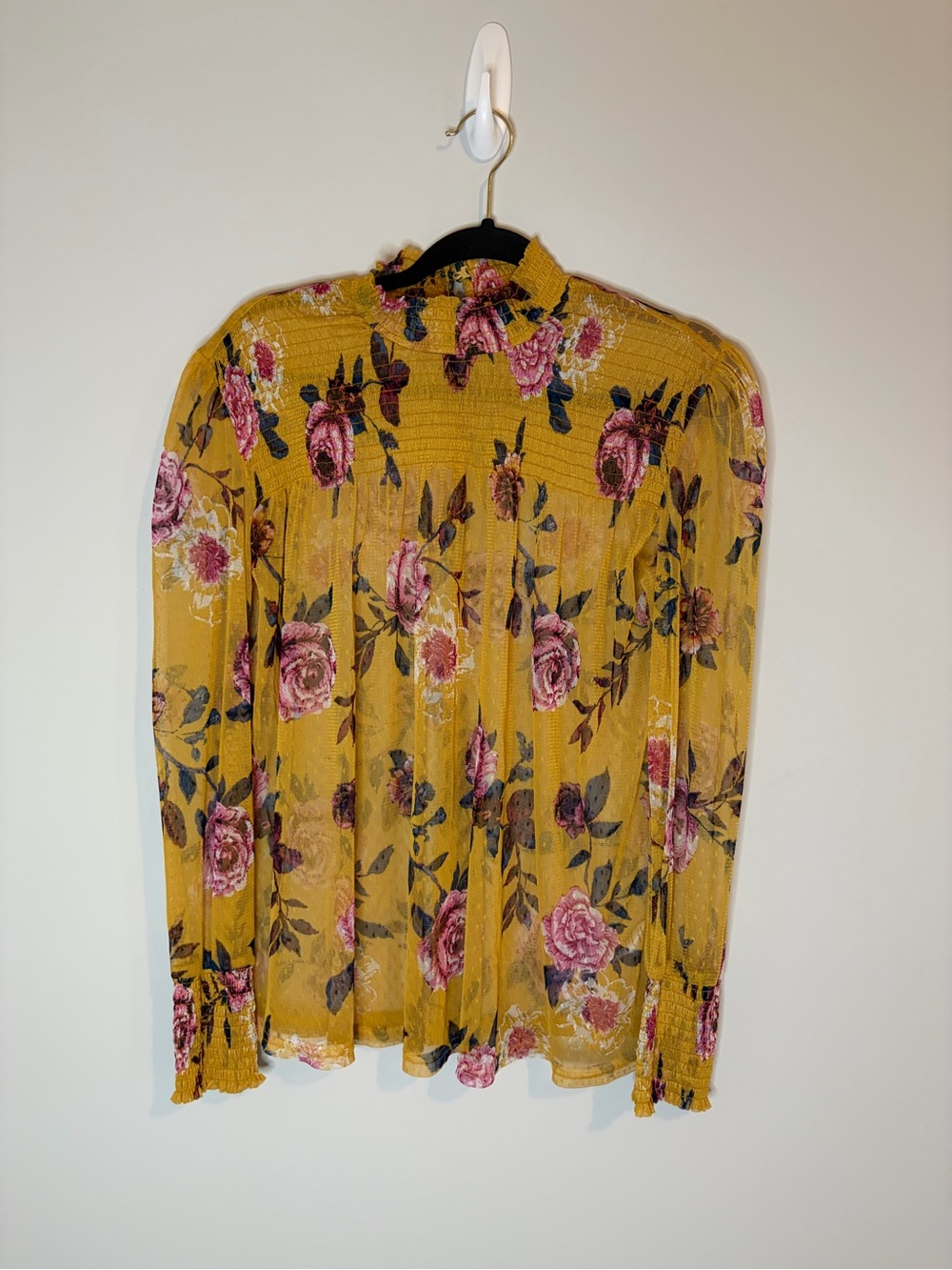 Maurices Floral Smocked Neck Sheer Long-Sleeve Cottagcore Boho Top - Mustard L